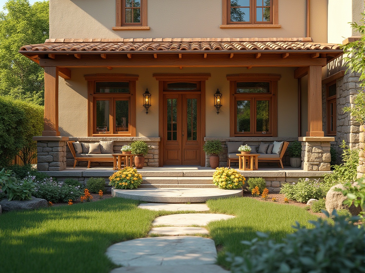 Prompt: Cozy residential exterior, warm earthy tones, soft beige walls, rich brown wooden accents, lush green lawns, vibrant flower beds, tranquil water features, natural stone pathways, rustic metal railings, inviting front porch, comfortable outdoor seating, warm sunny day, gentle afternoon light, shallow depth of field, 1/1 composition, realistic textures, ambient occlusion.