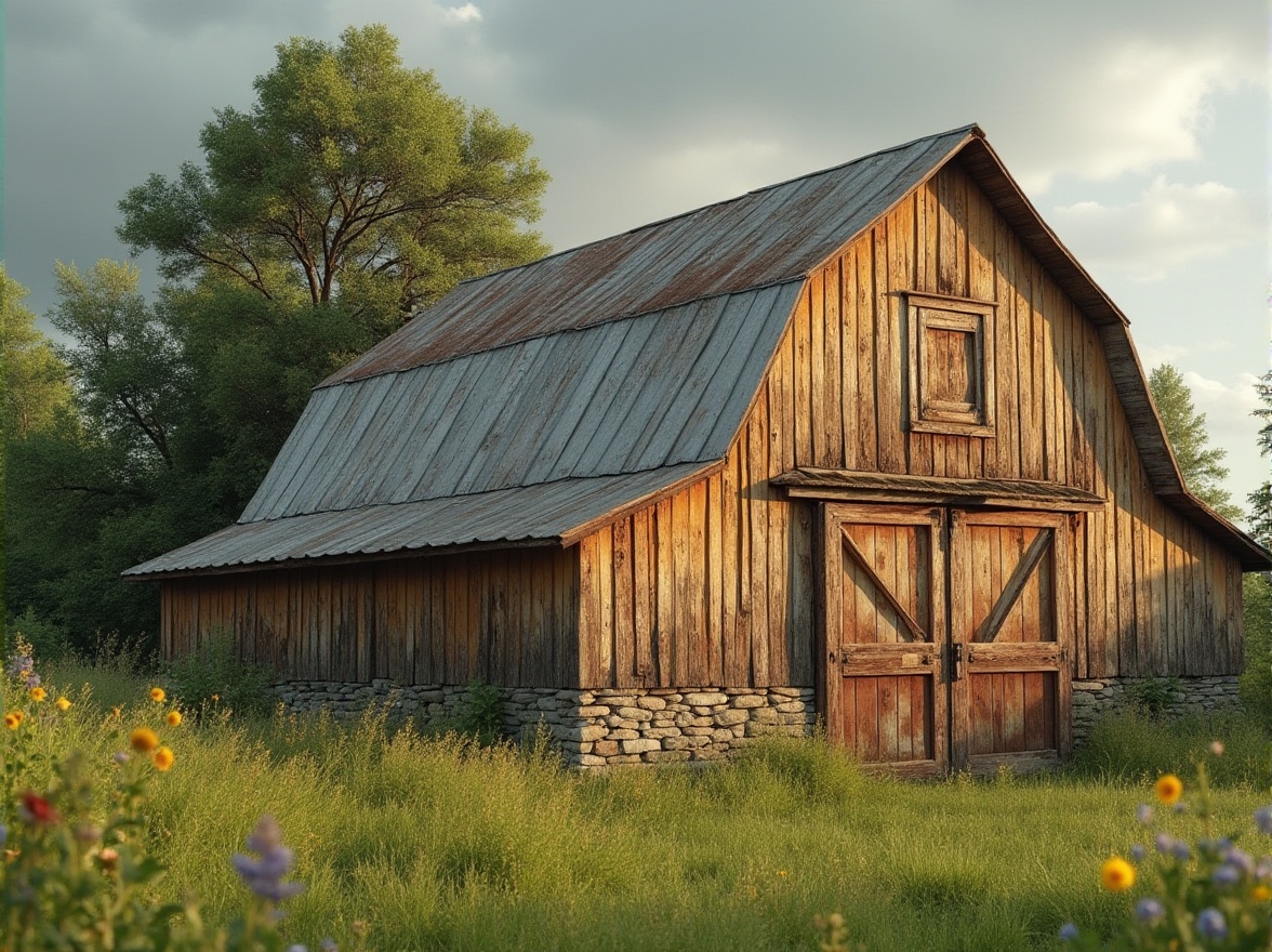 Prompt: Rustic barn exterior, weathered wooden planks, earthy tones, warm beige walls, rich brown doors, vintage metal roofing, distressed textures, natural stone foundation, overgrown wildflowers, lush green meadow, serene countryside landscape, soft warm sunlight, subtle shadows, realistic wear and tear, 1/2 composition, intimate focal length, cinematic color grading.