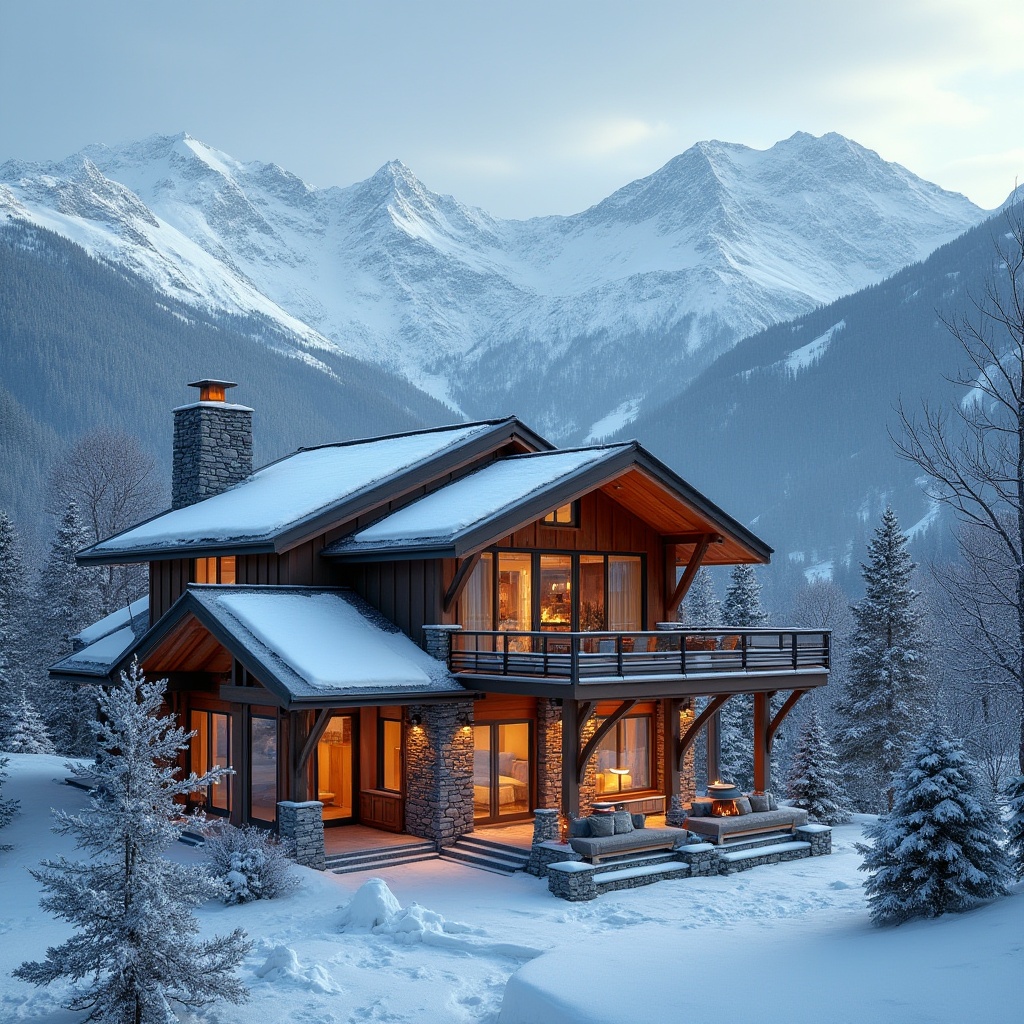 Prompt: Snow-capped mountain peaks, wooden ski lodge, rustic stone fa\u00e7ade, metal roof cladding, wooden beam structures, earthy color palette, natural textiles, warm ambient lighting, cozy fireplaces, minimalist decor, functional interior design, modern alpine architecture, dramatic window views, snowflake-inspired patterns, frosty glass surfaces, icy blue hues, crisp winter air, panoramic ski slope views, 1/2 composition, soft focus effect.