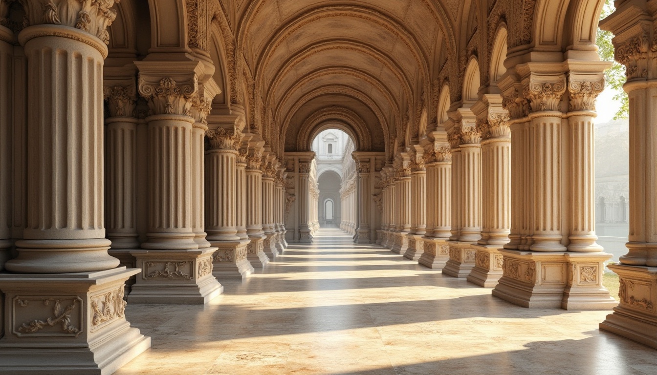 Prompt: Ornate Renaissance columns, intricately carved capitals, fluted shafts, ornamental pedestals, Tuscan-inspired bases, classical orders, Corinthian leaf motifs, ionic scrolls, rounded arches, vaulted ceilings, grandiose entrances, symmetrical facades, limestone materials, weathered stone textures, soft warm lighting, shallow depth of field, 1/1 composition, realistic renderings, ambient occlusion.