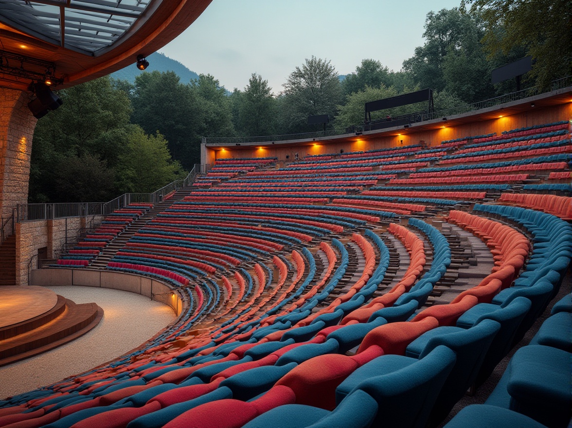 Prompt: Tiered seating, curved rows, comfortable cushioning, vibrant color schemes, modern amphitheater design, open-air atmosphere, lush greenery surroundings, natural stone walls, wooden accents, sleek metal railings, dramatic spotlights, warm evening lighting, shallow depth of field, 2/3 composition, panoramic view, realistic textures, ambient occlusion.