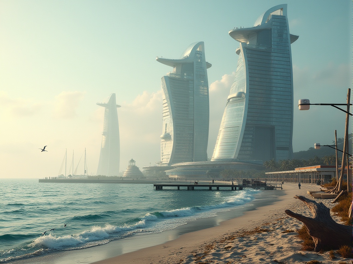 Prompt: Futuristic waterfront towers, sleek modern architecture, curved glass fa\u00e7ades, metallic accents, cantilevered decks, panoramic ocean views, misty morning atmosphere, soft warm lighting, shallow depth of field, 3/4 composition, realistic water reflections, ambient occlusion, seaweed-covered piers, sailboats, seagulls, rippling waves, beachside promenade, weathered wood benches, nautical-themed street lamps, sandy dunes, driftwood sculptures.