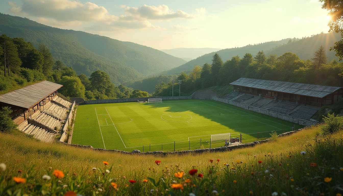 Prompt: Rural football stadium, lush green grass, natural stone walls, wooden bleachers, rustic metal fences, rolling hills, surrounding forests, wildflower meadows, sunny afternoon, soft warm lighting, shallow depth of field, 3/4 composition, panoramic view, realistic textures, ambient occlusion, earthy tones, organic shapes, countryside charm, vintage scoreboard, nostalgic atmosphere.