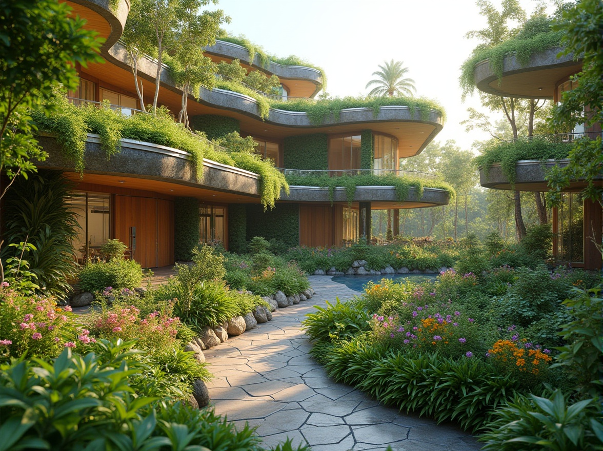 Prompt: Eco-friendly hotel, lush green roofs, living walls, recycling facilities, composting systems, organic gardens, rainwater harvesting, grey water reuse, solar panels, wind turbines, energy-efficient lighting, natural ventilation, minimal waste management, bamboo flooring, reclaimed wood accents, low-carbon footprint, modern metabolism style architecture, curved lines, futuristic aesthetic, vibrant greenery, blooming flowers, serene ambiance, soft warm lighting, shallow depth of field, 3/4 composition, panoramic view, realistic textures, ambient occlusion.