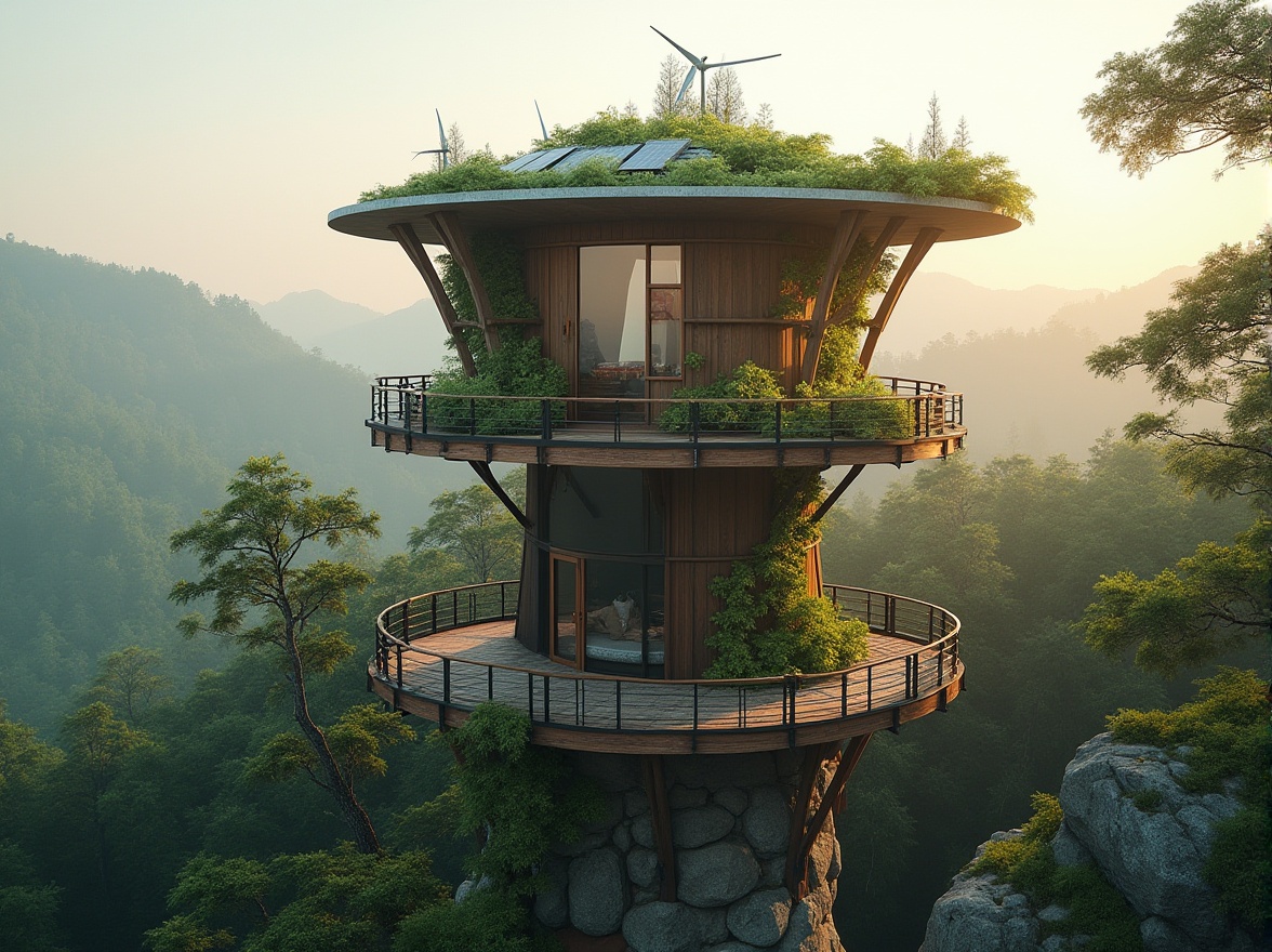 Prompt: Eco-friendly watching tower, rustic wooden accents, recycled metal frames, living green walls, solar panels, wind turbines, natural stone foundation, minimalist design, curved lines, panoramic views, bird's eye perspective, serene forest surroundings, misty mornings, soft warm lighting, shallow depth of field, 3/4 composition, realistic textures, ambient occlusion.