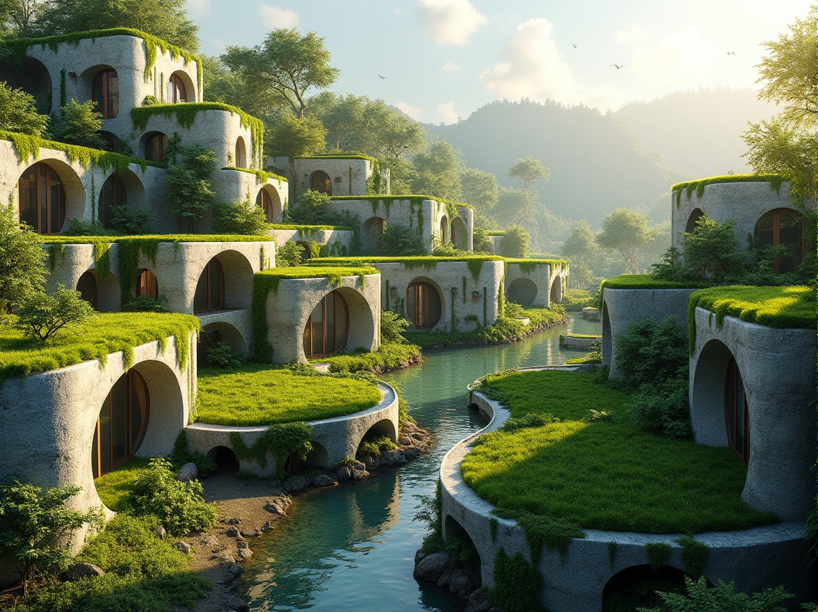 Prompt: Vibrant green roofs, lush vegetation walls, natural stone facades, curved lines, organic shapes, modern architecture, spacious courtyards, water features, walking trails, scenic overlooks, panoramic views, sunny day, soft warm lighting, shallow depth of field, 3/4 composition, realistic textures, ambient occlusion, harmonious integration with nature.