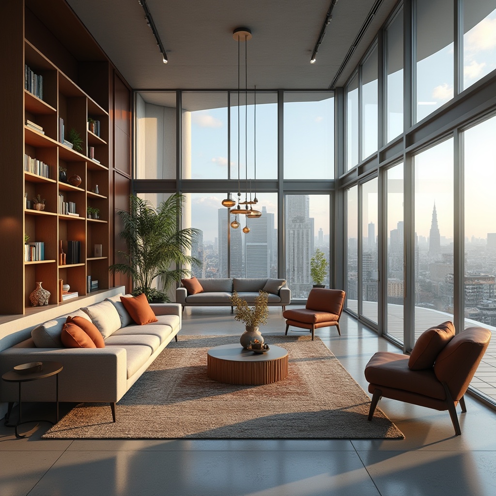 Prompt: Modern living room, sleek low-profile furniture, minimalist decor, ample natural light, large windows, sliding glass doors, polished concrete floors, textured rugs, comfortable sofas, accent chairs, floor lamps, pendant lights, geometric patterns, bold color schemes, functional shelving units, hidden storage compartments, smart home automation systems, cozy reading nooks, panoramic city views, warm soft lighting, shallow depth of field, 3/4 composition, realistic textures, ambient occlusion.