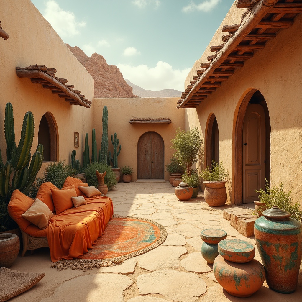 Prompt: Earthy desert landscape, sandy dunes, cactus plants, warm beige walls, terracotta roofs, rusty metal accents, turquoise decorative tiles, vibrant orange textiles, sandy brown furniture, natural stone flooring, weathered wood beams, soft warm lighting, shallow depth of field, 3/4 composition, panoramic view, realistic textures, ambient occlusion.