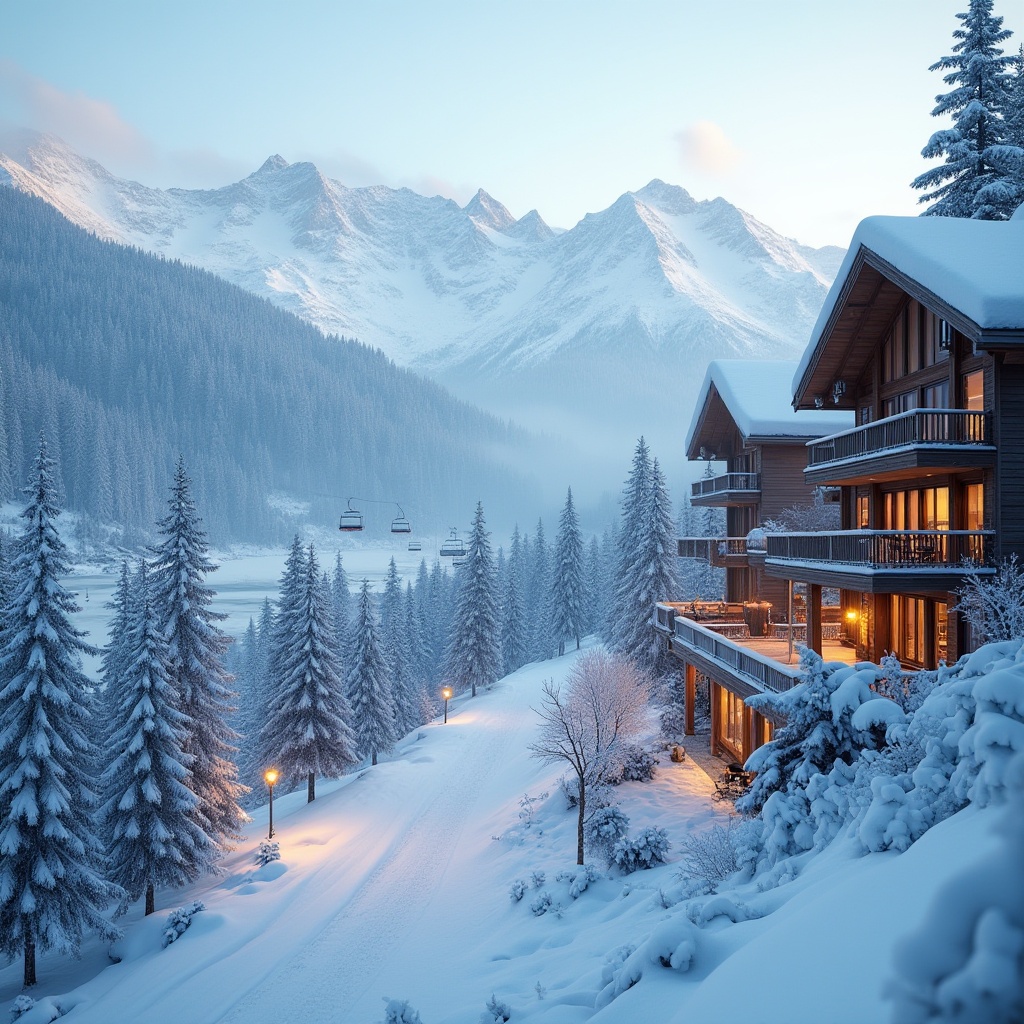 Prompt: Snow-capped mountains, pine tree forests, frozen lakes, ski lifts, chairlifts, gondolas, snow-covered slopes, rustic wooden chalets, modern ski resort architecture, large windows, glass balconies, cozy fireplaces, warm lighting, misty morning atmosphere, shallow depth of field, 1/1 composition, panoramic view, realistic snow textures, ambient occlusion, frosty vegetation, winter sports equipment, ski racks, snowshoes, sleds.