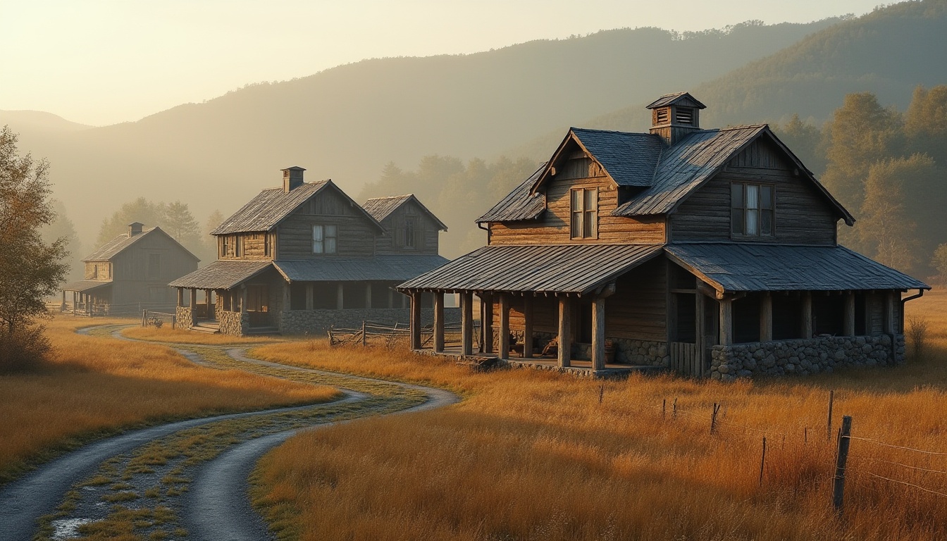 Prompt: Rustic rural landscape, vintage farmhouses, wooden barns, asymmetrical shapes, irregular forms, bold angular lines, distressed wood textures, earthy color palette, natural stone foundations, gambrel roofs, clerestory windows, rustic metal accents, country roads, rolling hills, misty morning, soft warm lighting, shallow depth of field, 2/3 composition, cinematic perspective, high contrast ratio, realistic weathering effects.