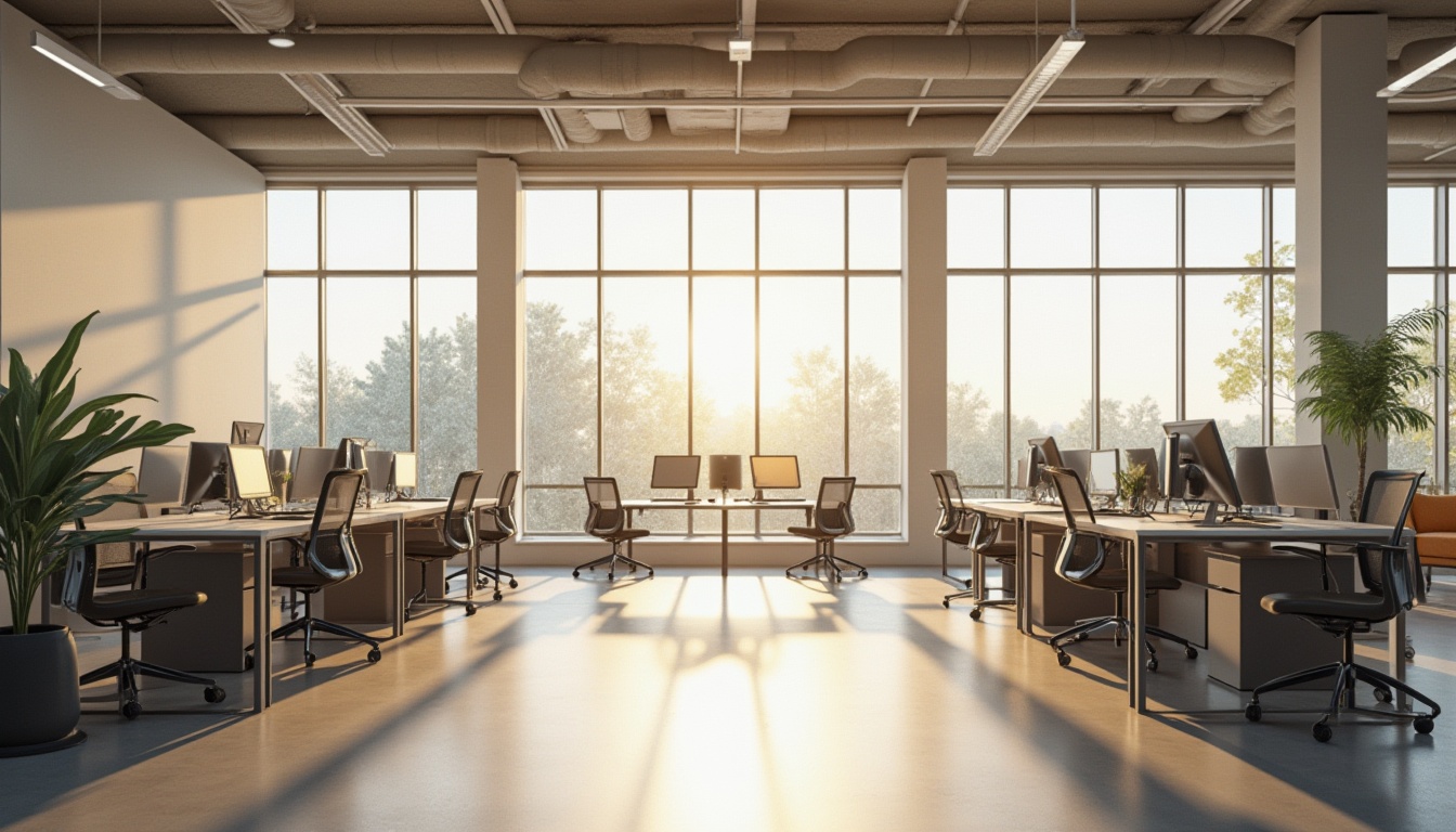 Prompt: Functional office space, ergonomic furniture, sleek metal desks, comfortable chairs, abundant natural light, floor-to-ceiling windows, open collaboration areas, private workstations, sound-absorbing materials, minimalist decor, modern color scheme, warm beige tones, subtle textures, 1/1 composition, shallow depth of field, softbox lighting, realistic reflections.