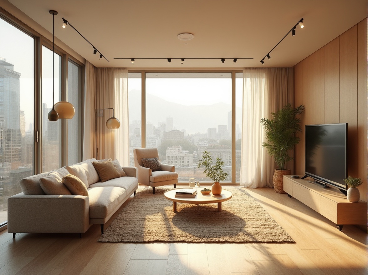 Prompt: Cozy living room, comfortable seating, warm beige walls, wooden flooring, modern furniture, large windows, natural light, urban cityscape view, functional layout, open-plan design, minimalist decor, soft pastel colors, textures, ambient lighting, shallow depth of field, 1/1 composition, realistic rendering.