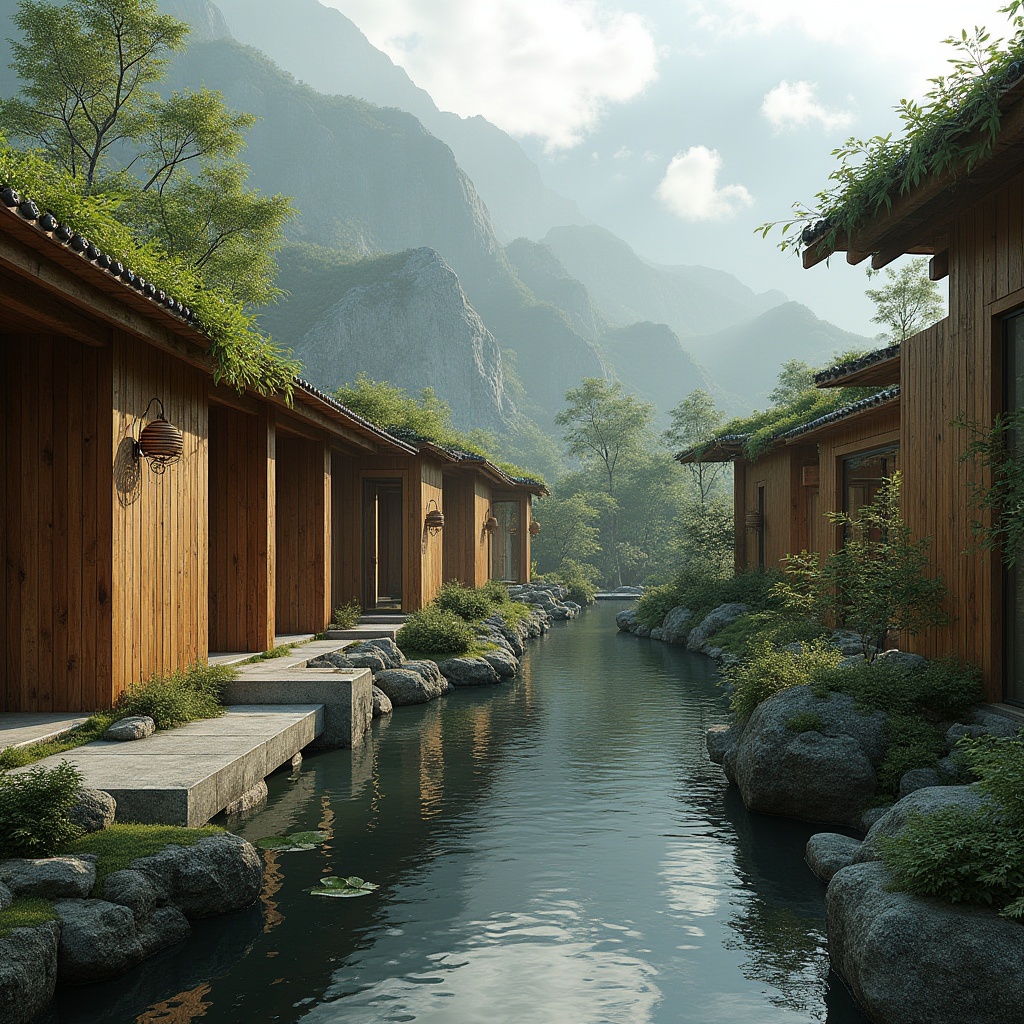 Prompt: Rustic wooden structures, earthy tone facades, natural stone walls, living green roofs, bamboo forests, misty mountains, serene water features, organic curves, minimalist decor, reclaimed wood accents, earthy scent, warm ambient lighting, soft focus, 3/4 composition, panoramic view, realistic textures, ambient occlusion.