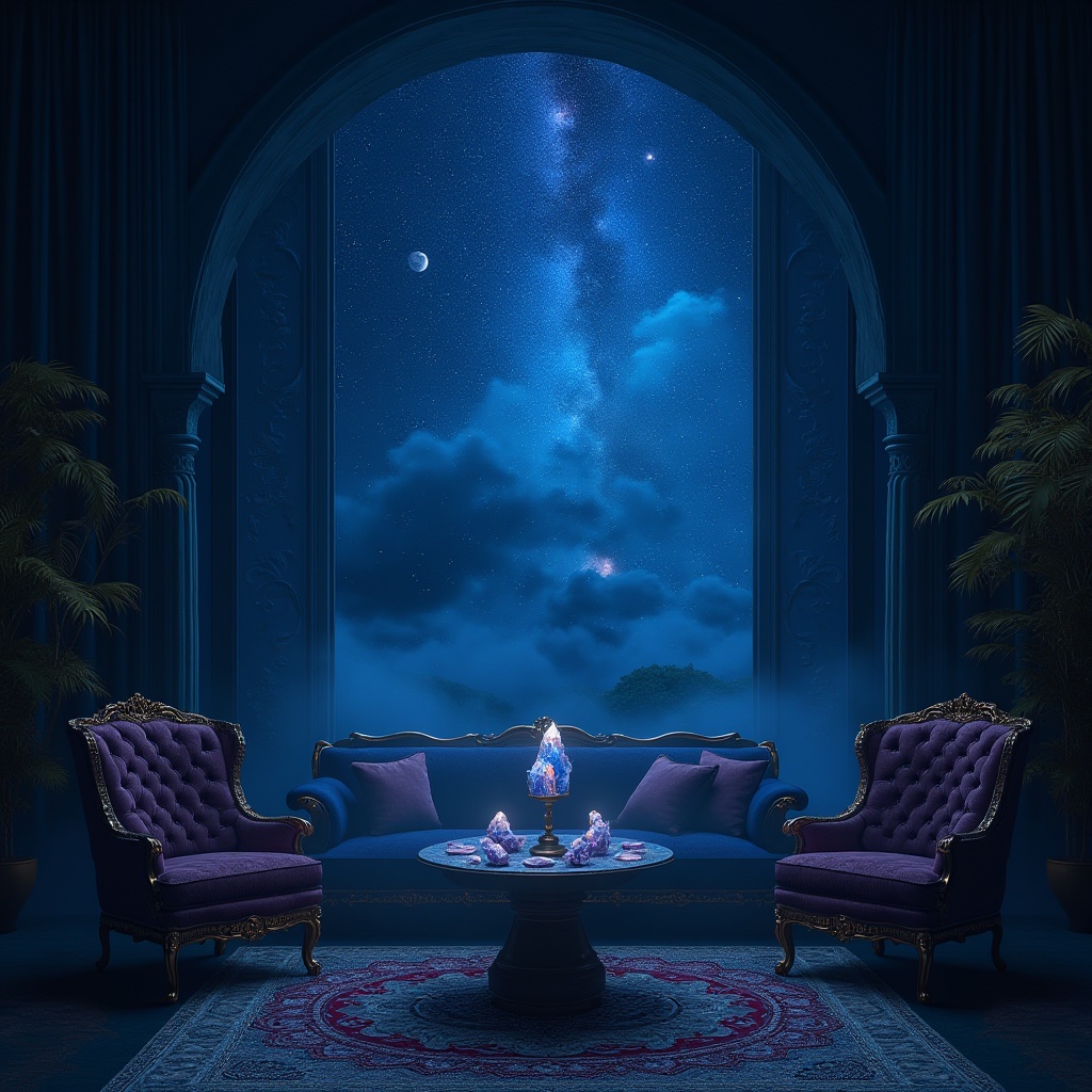 Prompt: Mysterious indigo night sky, twinkling stars, celestial bodies, atmospheric mist, dark blue tones, rich velvet fabrics, luxurious furnishings, ornate gold accents, mystical crystal formations, ancient wisdom, spiritual connections, sacred geometries, intricate mandalas, bohemian chic, eclectic vintage decor, moody ambient lighting, dramatic shadows, high contrast ratio, 3/4 composition, cinematic mood, atmospheric perspective.