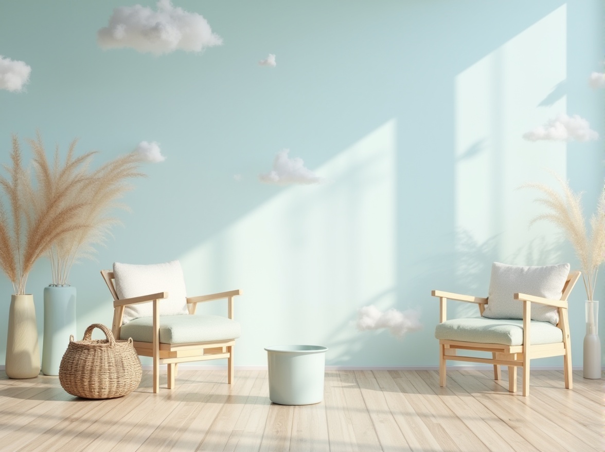 Prompt: Serene sky blue hues, soft white clouds, gentle sunlight, airy atmosphere, light wood accents, creamy furniture, pastel-colored decorative objects, natural textiles, woven baskets, delicate ceramics, subtle metallic details, minimalist decor, calming ambiance, shallow depth of field, 1/1 composition, warm softbox lighting, realistic renderings, ambient occlusion.