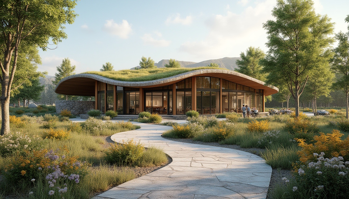 Prompt: Visitor center, organic curves, natural stone walls, green roofs, large windows, sliding glass doors, wooden accents, outdoor spaces integration, seamless transitions, native plant species, walking trails, educational signage, interactive exhibits, panoramic views, warm natural lighting, shallow depth of field, 3/4 composition, realistic textures, ambient occlusion.