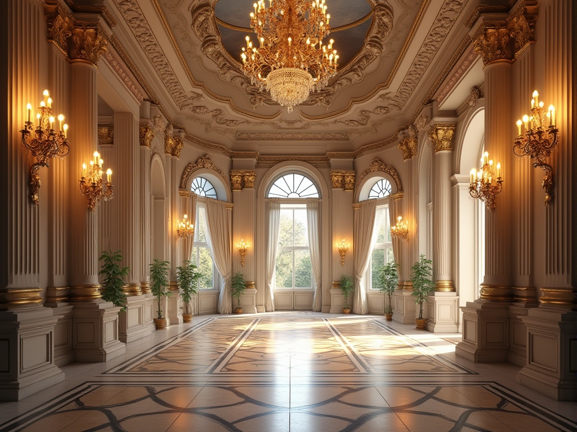 Prompt: Grand neoclassical building, ornate stone carvings, intricate moldings, decorative columns, capitals, pilasters, arches, domes, grand staircases, crystal chandeliers, luxurious furnishings, rich textiles, velvet drapes, golden accents, elegant proportions, symmetrical compositions, soft warm lighting, high-contrast rendering, detailed textures, ambient occlusion, 1/1 composition, dramatic focal point, realistic reflections.