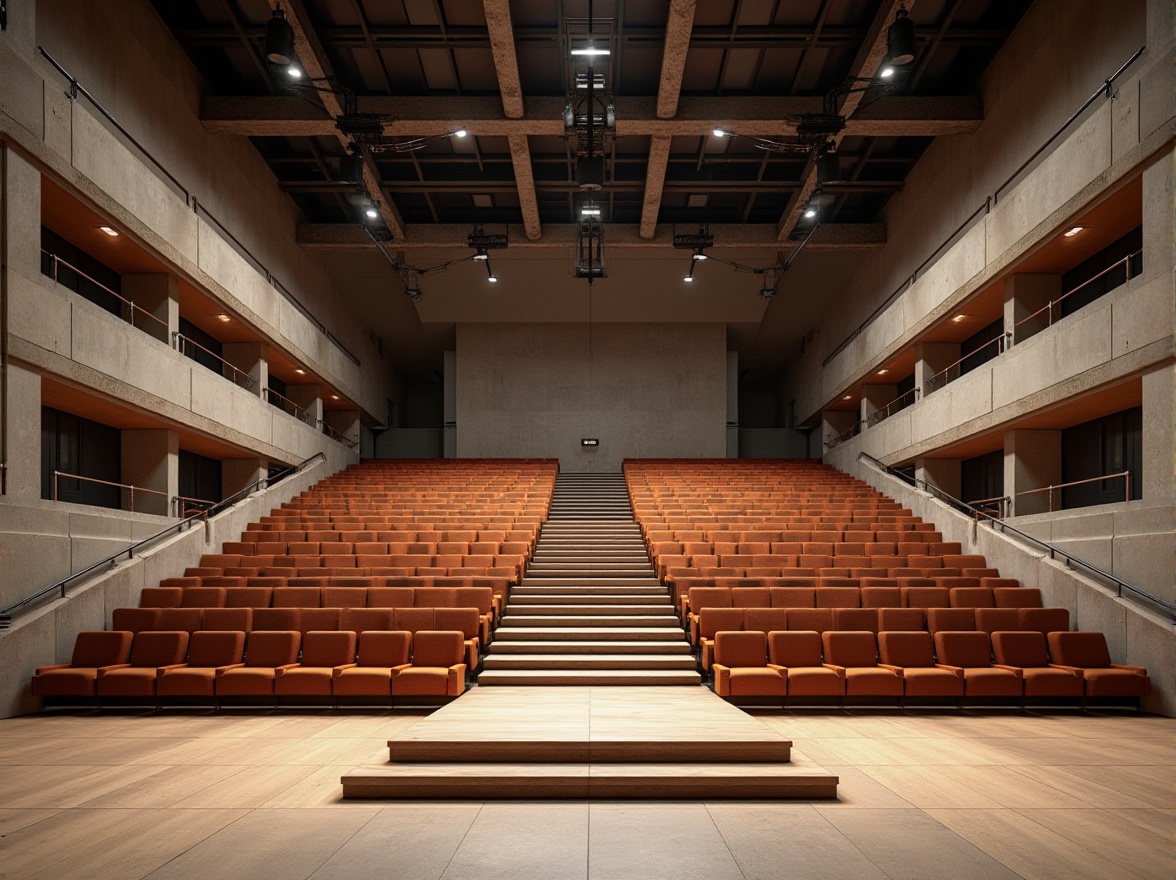 Prompt: Bauhaus-style auditorium, geometric shapes, industrial materials, concrete walls, steel beams, minimalist decor, functional lighting, raised stage, curved seating areas, sound-absorbing panels, acoustic diffusers, speaker systems, professional audio equipment, warm wood accents, natural stone floors, urban loft atmosphere, high ceilings, large windows, soft box lighting, shallow depth of field, 1/2 composition, realistic textures, ambient occlusion.