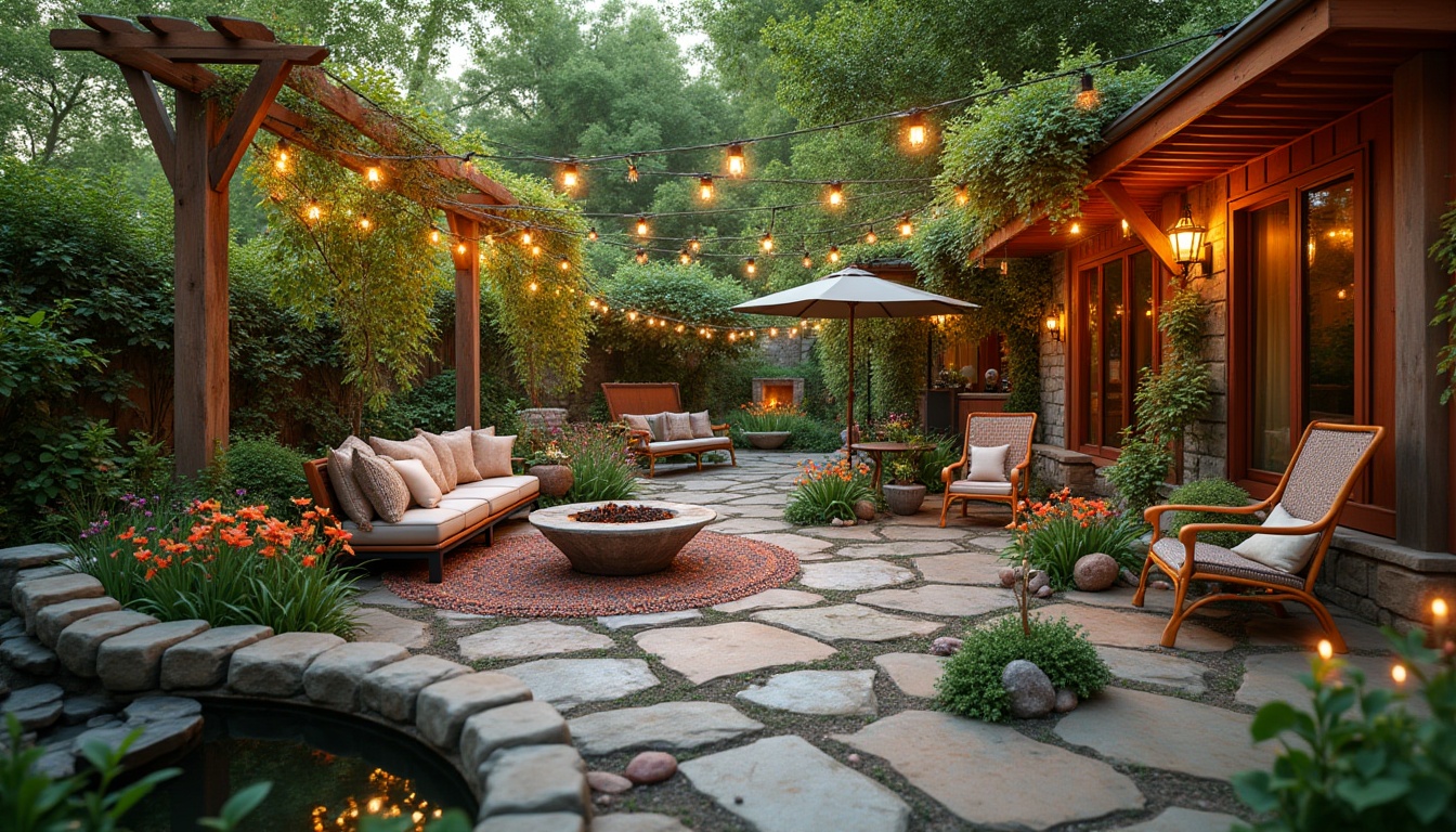 Prompt: Vibrant garden patio, lush greenery, blooming flowers, comfortable outdoor seating, rustic wooden benches, natural stone pathways, modern lanterns, warm string lighting, soft ambient sounds, gentle water features, serene koi pond, tranquil atmosphere, cozy fire pit, plush outdoor textiles, eclectic decorative accents, vibrant color scheme, whimsical sculptures, playful fountain, inviting hammock, shaded pergola, fragrant herb planters.