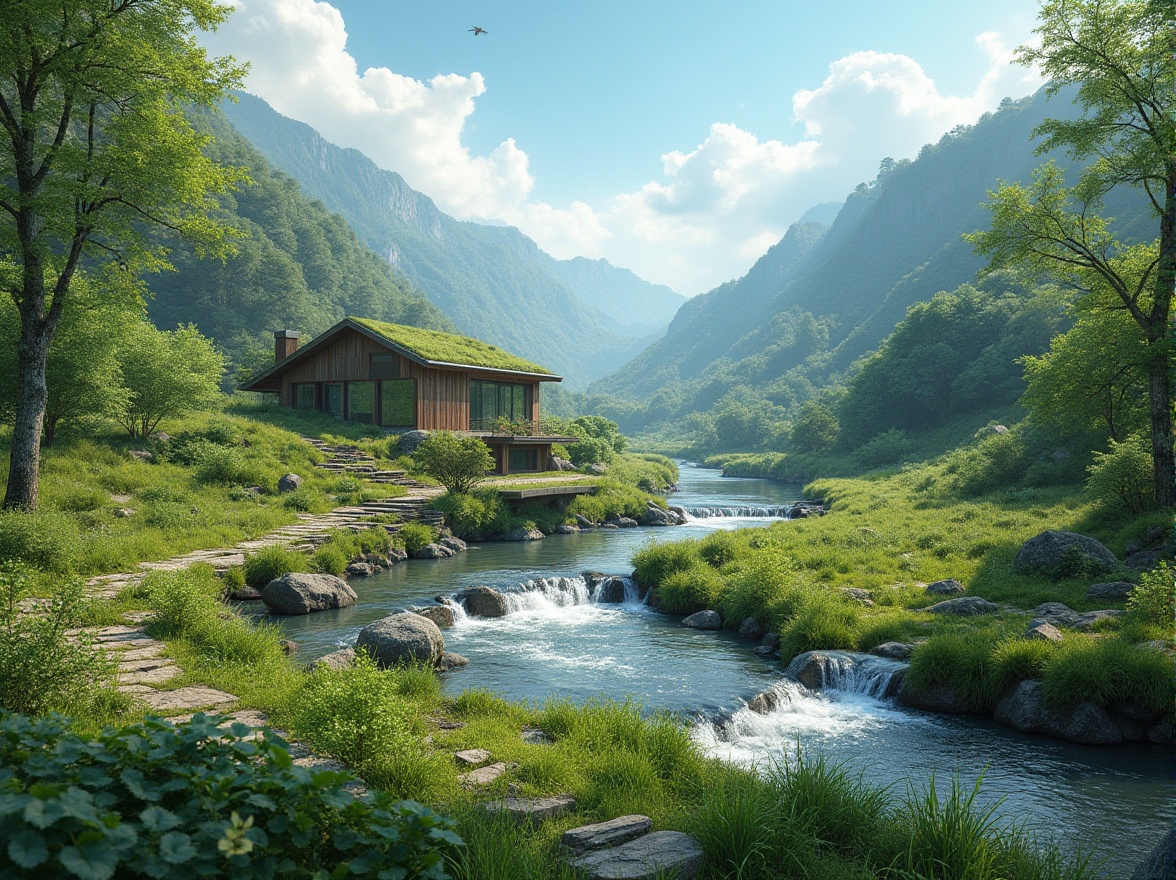 Prompt: Serene natural landscape, rolling hills, lush green forests, sparkling waterfalls, meandering streams, rustic wooden bridges, weathered stone pathways, wildflower meadows, blue skies with puffy clouds, warm soft lighting, shallow depth of field, 3/4 composition, panoramic view, realistic textures, ambient occlusion, eco-friendly architecture, sustainable design principles, green roofs, solar panels, rainwater harvesting systems, recycled materials, minimalist decor, natural color palette, earthy tones, organic forms.