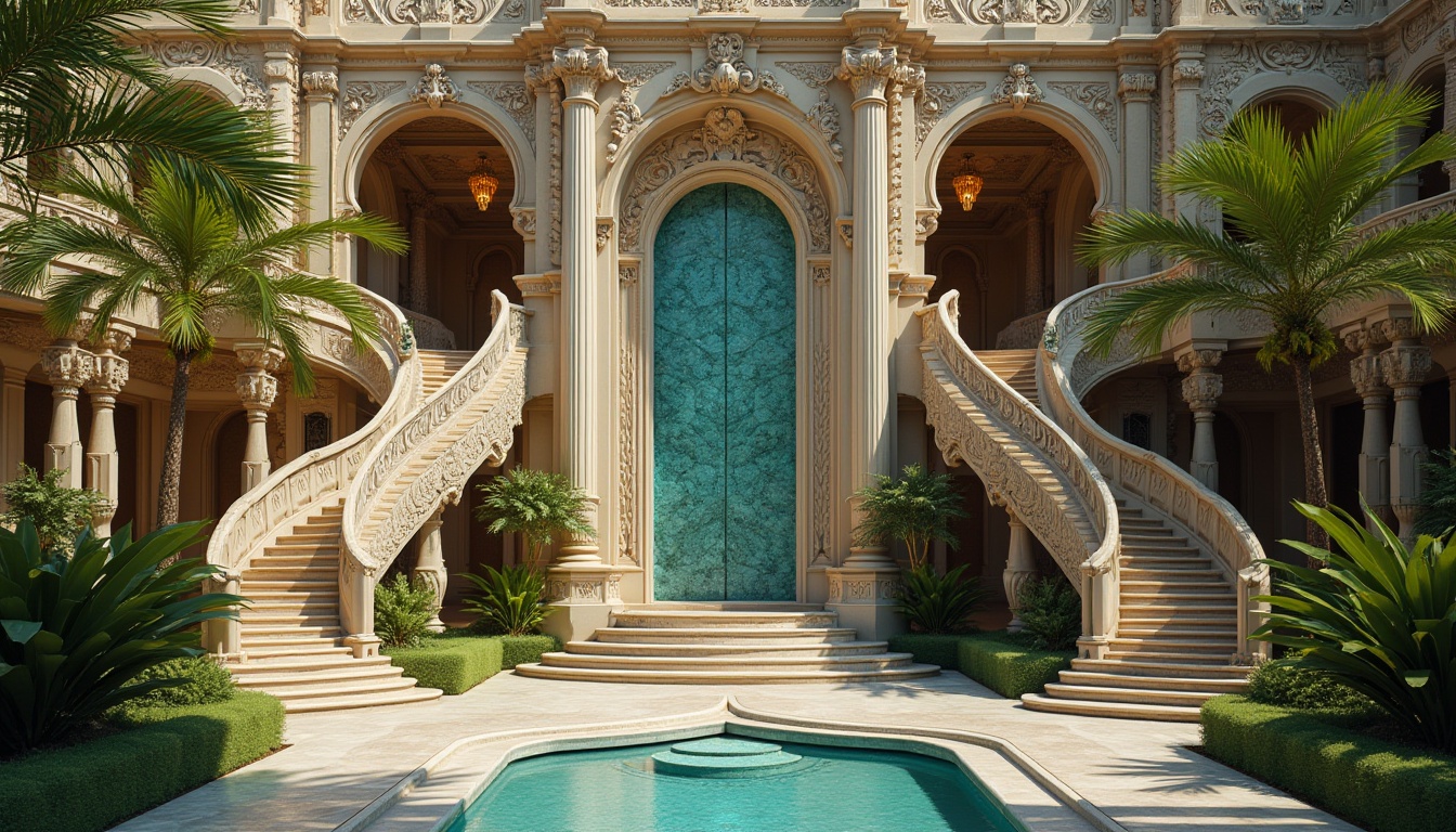 Prompt: Intricate ironwork, flowing organic lines, ornate facades, grand entrance archways, sinuous stone carvings, vibrant turquoise mosaics, gilded accents, sweeping staircases, curved balconies, lush greenery, tropical palm trees, warm golden lighting, shallow depth of field, 3/4 composition, panoramic view, realistic textures, ambient occlusion.