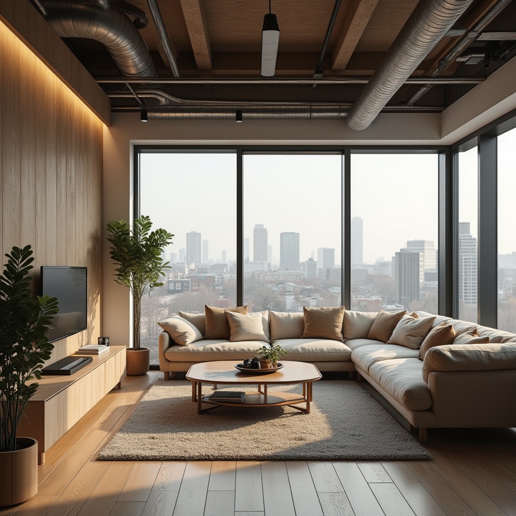 Prompt: Cozy living room, comfortable seating area, warm wooden flooring, soft cushions, modern minimalist furniture, functional storage units, floor-to-ceiling windows, natural daylight, urban cityscape views, industrial-chic exposed ductwork, sleek metal light fixtures, subtle color palette, calm atmosphere, shallow depth of field, 1/2 composition, realistic textures, ambient occlusion.