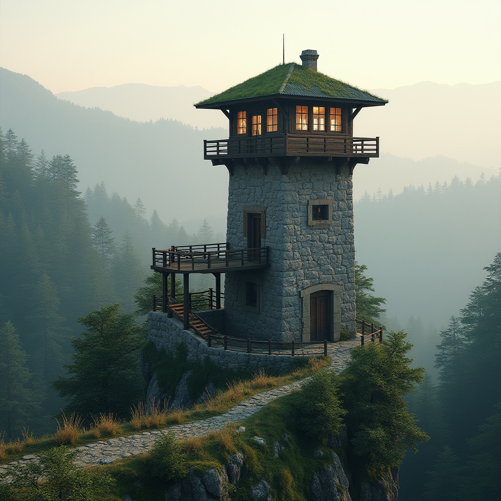 Prompt: Watchtower architecture, rugged stone walls, wooden beam accents, lush green roof, observation decks, panoramic views, misty morning atmosphere, soft warm lighting, shallow depth of field, 3/4 composition, natural textures, ambient occlusion, surrounding forest landscape, towering trees, winding hiking trails, rustic wood fences, scenic overlooks, serene mountain backdrop, gentle breeze sounds.