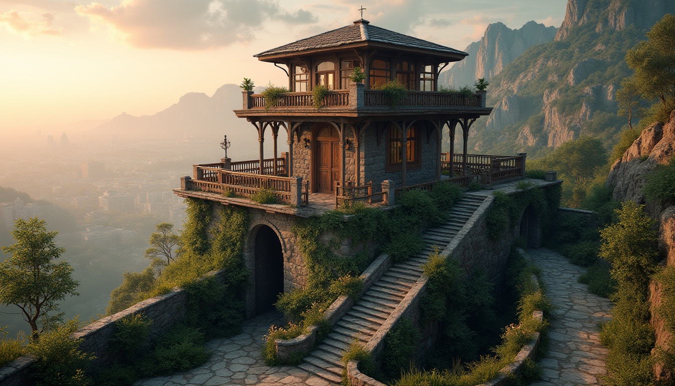 Prompt: Watchtower architecture, rustic stone walls, wooden beams, verdant rooftop garden, lush greenery, vibrant flowers, winding staircases, scenic viewing decks, panoramic cityscape views, misty dawn lighting, warm golden hour, shallow depth of field, 3/4 composition, symmetrical framing, realistic textures, ambient occlusion.