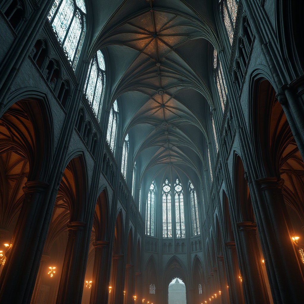 Prompt: Intricate Gothic arches, ribbed vaults, grandiose spires, steel framework, modern industrial materials, ornate stone carvings, stained glass windows, dramatic verticality, soaring ceilings, complex geometry, metallic latticework, futuristic twists, dark mysterious ambiance, high-contrast lighting, deep shadows, 3/4 composition, atmospheric perspective, realistic reflections, detailed textures.