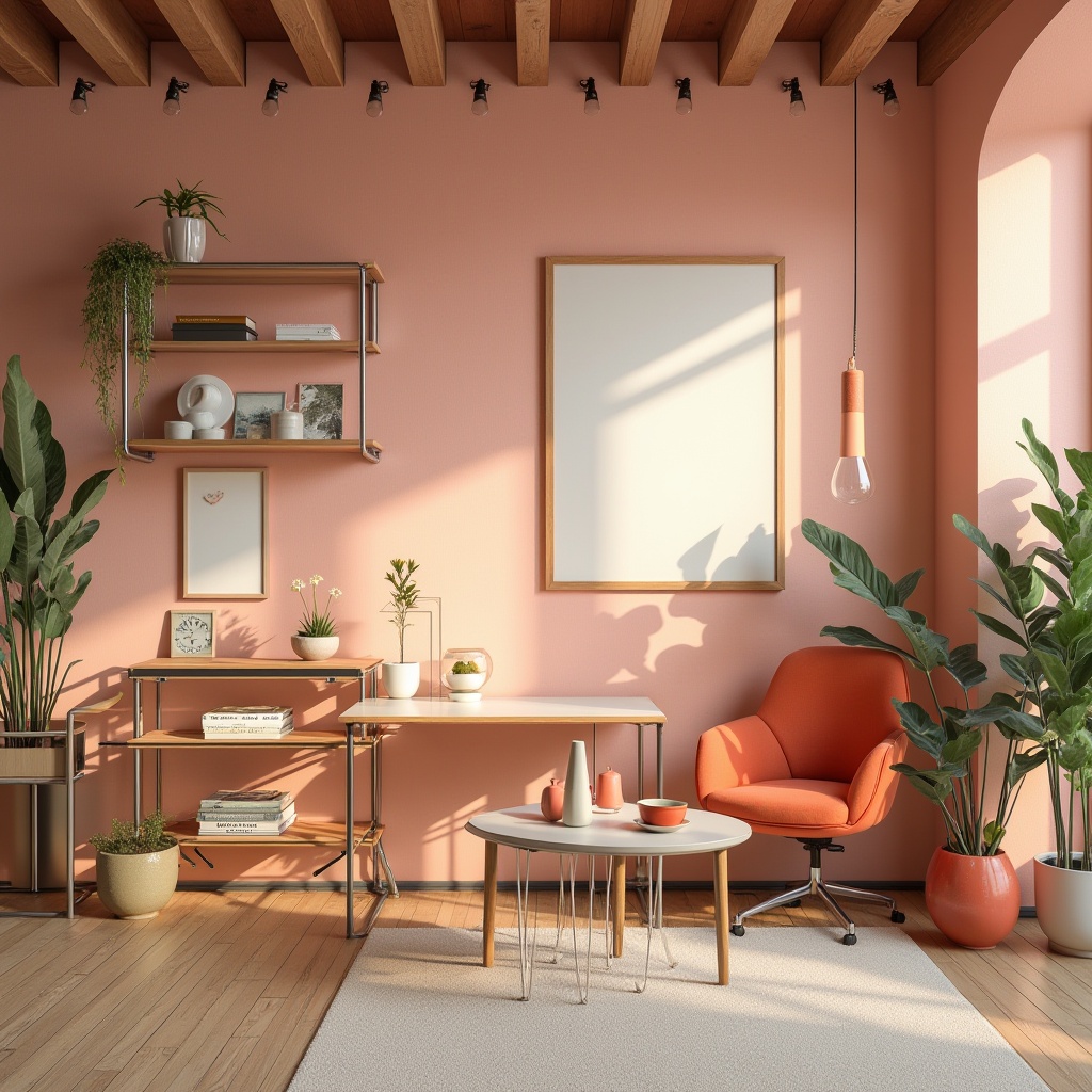 Prompt: Vibrant modern workspace, eclectic art pieces, natural wood accents, sleek metal fixtures, bold typography, pastel color scheme, soft peach tones, creamy whites, rich charcoal grays, pops of bright coral, warm golden lighting, shallow depth of field, 1/1 composition, realistic textures, ambient occlusion.