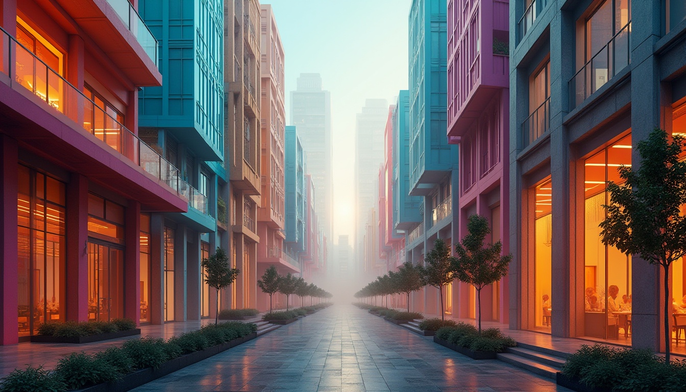 Prompt: Vibrant cityscape, bold primary colors, contrasting secondary hues, harmonious analogous tones, monochromatic building facades, saturated accent walls, muted background textures, natural stone foundations, steel framework structures, geometric patterned glass, dynamic light installations, warm golden lighting, cool blue undertones, atmospheric fog effects, 1/2 composition, symmetrical balance, realistic renderings, ambient occlusion.