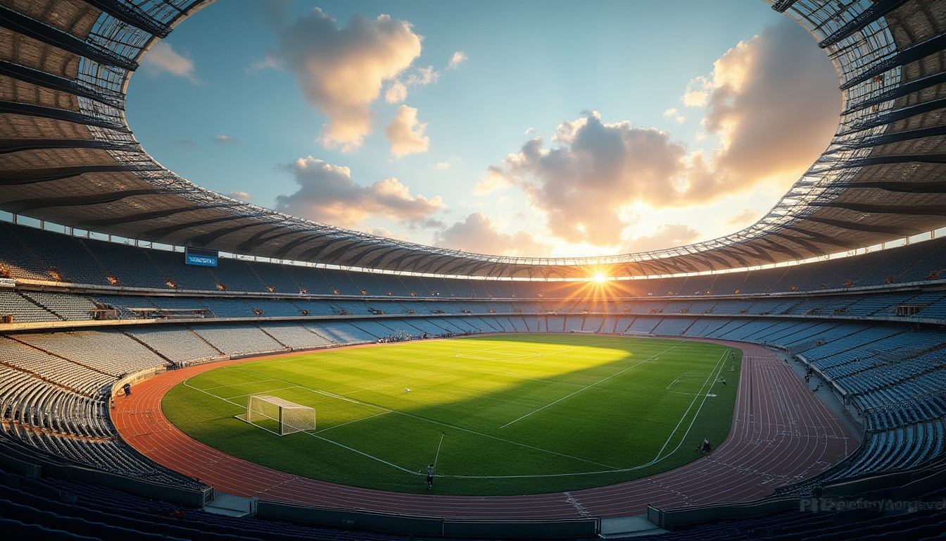 Prompt: Vibrant football stadium, dynamic curves, sleek metallic surfaces, angular lines, modern architectural design, towering grandstands, lush green fields, goalposts, stadiums seats, athletic tracks, sports floodlights, evening ambiance, warm golden lighting, shallow depth of field, 3/4 composition, panoramic view, realistic textures, ambient occlusion.