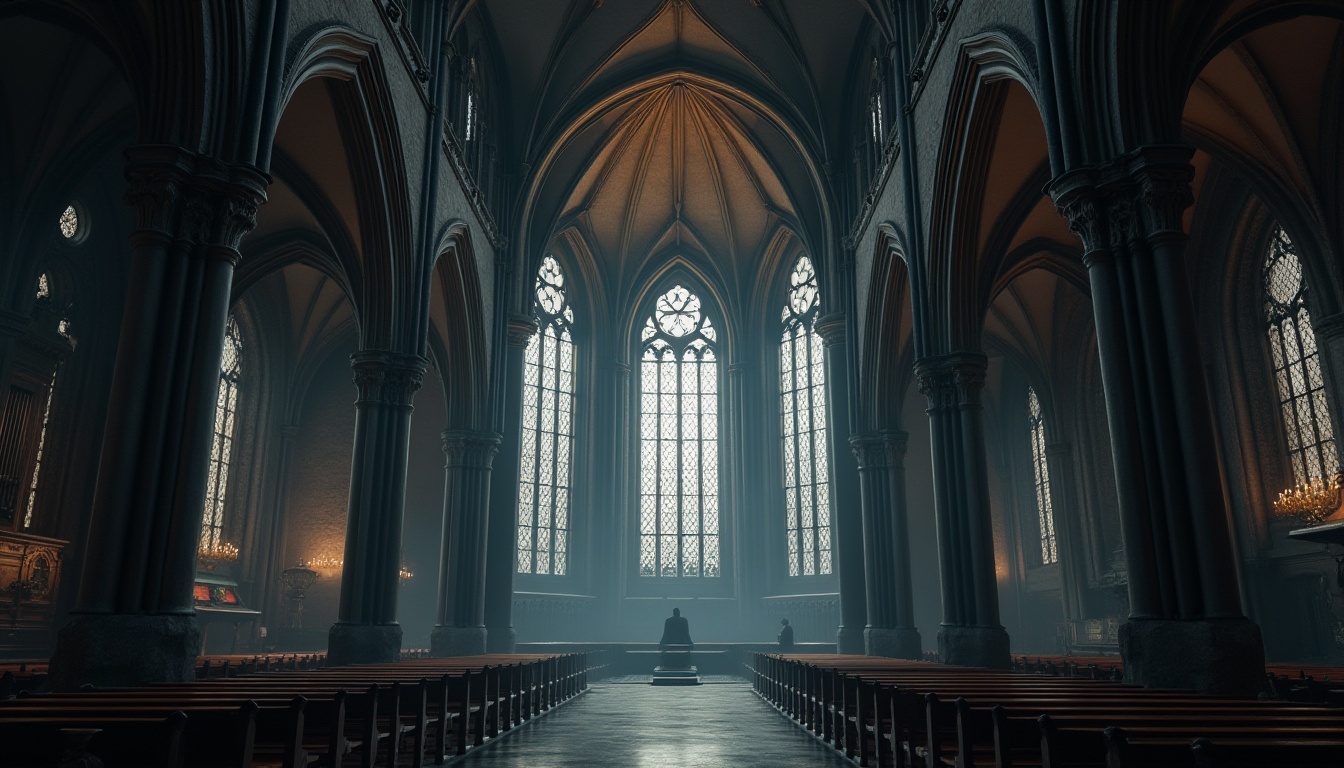 Prompt: Intricate Gothic arches, ribbed vaults, ornate tracery, steel framework, modern industrial materials, sleek metal beams, minimalist ornamentation, dramatic verticality, grand cathedral ceilings, stained glass windows, richly textured stone walls, mysterious dim lighting, atmospheric fog effects, cinematic composition, symmetrical balance, high contrast ratio, moody color palette.