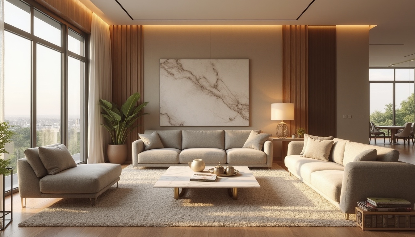 Prompt: Luxurious living room, velvety sofas, marble coffee tables, floor-to-ceiling windows, sheer curtains, warm beige walls, modern minimalist decor, LED ambient lighting, wooden flooring, plush area rugs, metallic accents, abstract artwork, cozy reading nooks, ergonomic furniture, functional storage solutions, 3D visualizations, realistic textures, soft focus, shallow depth of field.