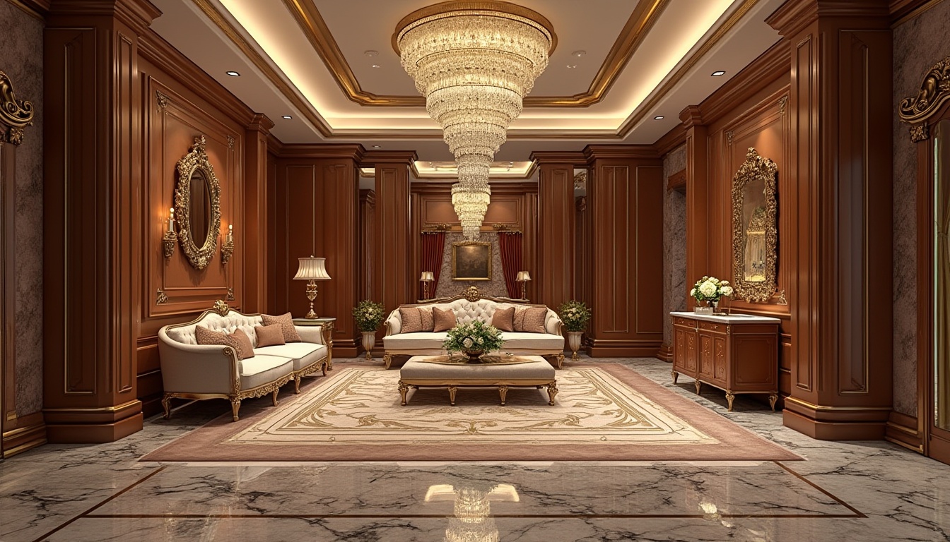 Prompt: Luxurious interior design, opulent materials, rich velvet fabrics, polished marble surfaces, high-gloss wood finishes, metallic accents, crystal chandeliers, plush area rugs, extravagant furniture pieces, intricate carvings, sumptuous upholstery, lavish decorative trim, ornate molding details, warm ambient lighting, dramatic ceiling heights, spacious open layouts, elegant color schemes, sophisticated textures, refined patterns, majestic architectural elements.