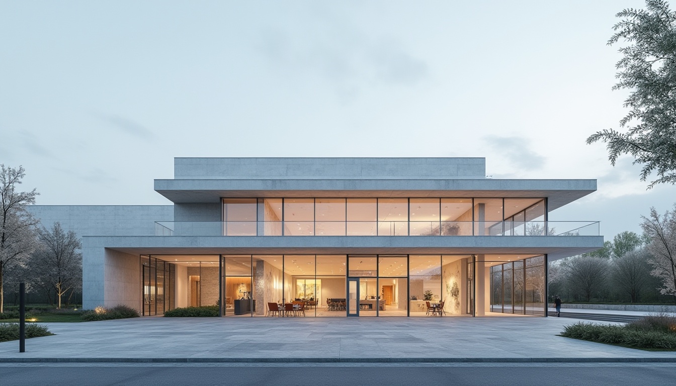 Prompt: Simple science center facade, clean lines, minimal ornamentation, neutral color palette, glass and steel materials, rectangular forms, cantilevered roofs, open plaza, minimalist landscaping, modern street furniture, subtle lighting accents, soft shadows, 1/1 composition, realistic reflections, ambient occlusion.