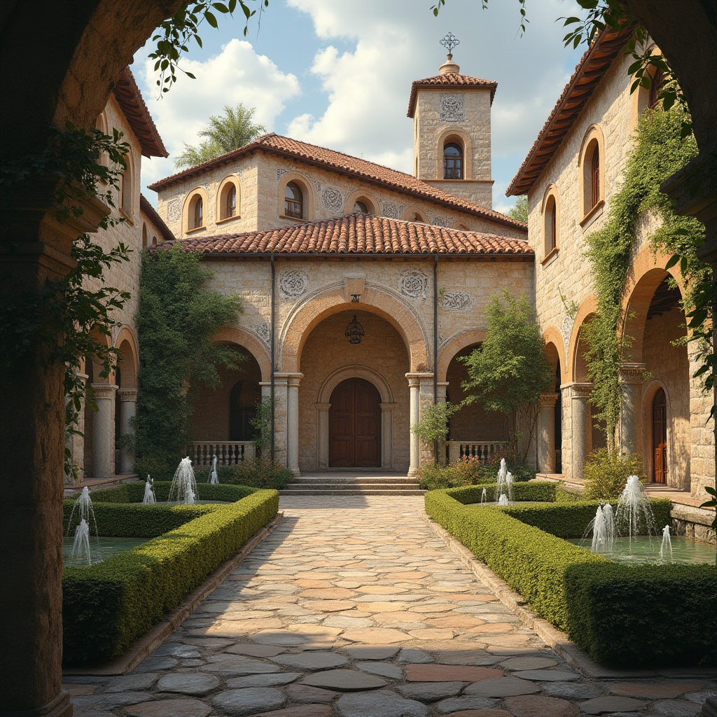 Prompt: Rustic monastery complex, regional identity, stone walls, arched windows, terra cotta roofs, wooden doorways, ornate frescoes, intricate mosaics, tranquil courtyards, lush greenery, serene fountains, peaceful ambiance, warm golden lighting, soft focus, 1/2 composition, symmetrical architecture, earthy tones, natural textures, ambient occlusion.