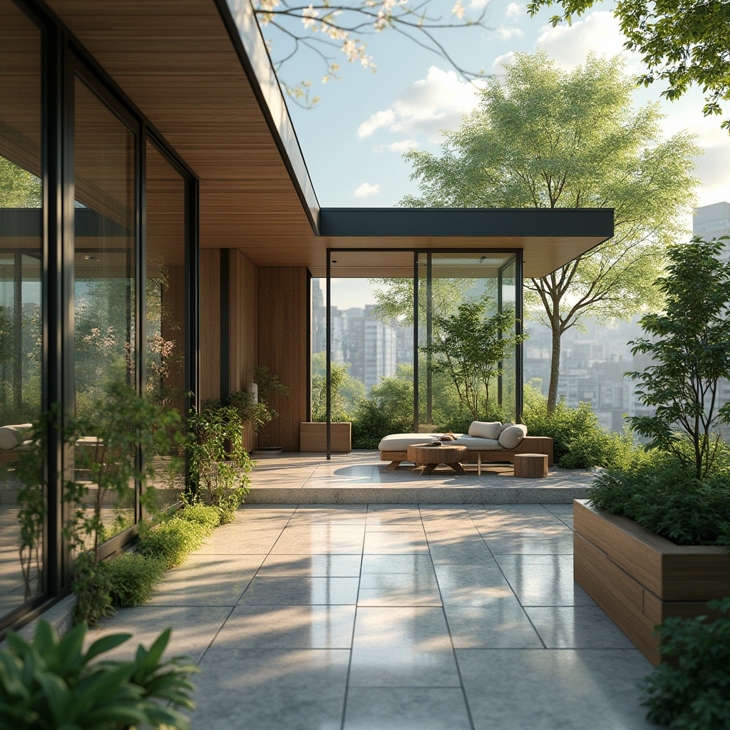 Prompt: Transparent glass fa\u00e7ade, seamless indoor-outdoor transition, lush greenery, natural stone flooring, modern minimalist interior design, sleek metal frames, floor-to-ceiling windows, sliding glass doors, abundant natural light, blurred boundaries, warm wooden accents, cozy furniture arrangements, vibrant outdoor planters, urban cityscape views, soft warm lighting, shallow depth of field, 1/1 composition, panoramic view, realistic textures, ambient occlusion.