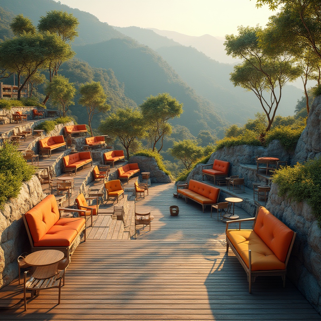 Prompt: Tiered seating, curved rows, cantilevered platforms, wooden benches, vibrant upholstery, colorful cushions, minimalist metal frames, ergonomic design, comfortable legroom, spacious aisles, natural stone walls, green roofs, lush vegetation, panoramic views, warm sunny day, soft diffused lighting, 3/4 composition, realistic textures, ambient occlusion.