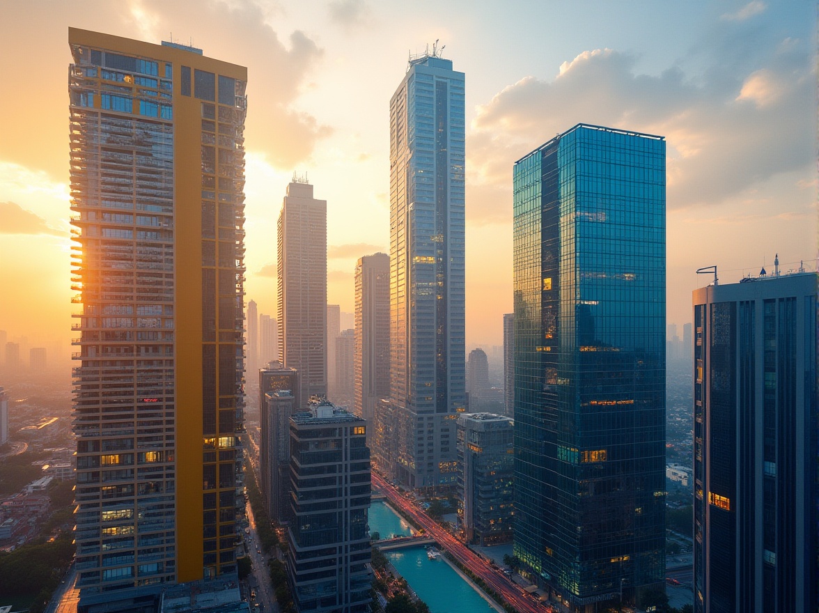 Prompt: Vibrant cityscape, modern skyscrapers, bold color blocking, contrasting hues, warm beige tones, cool blue accents, metallic silver reflections, glass curtain walls, urban jungle atmosphere, morning sunlight, soft gradient transitions, atmospheric perspective, 1/2 composition, cinematic lighting, high-contrast rendering.