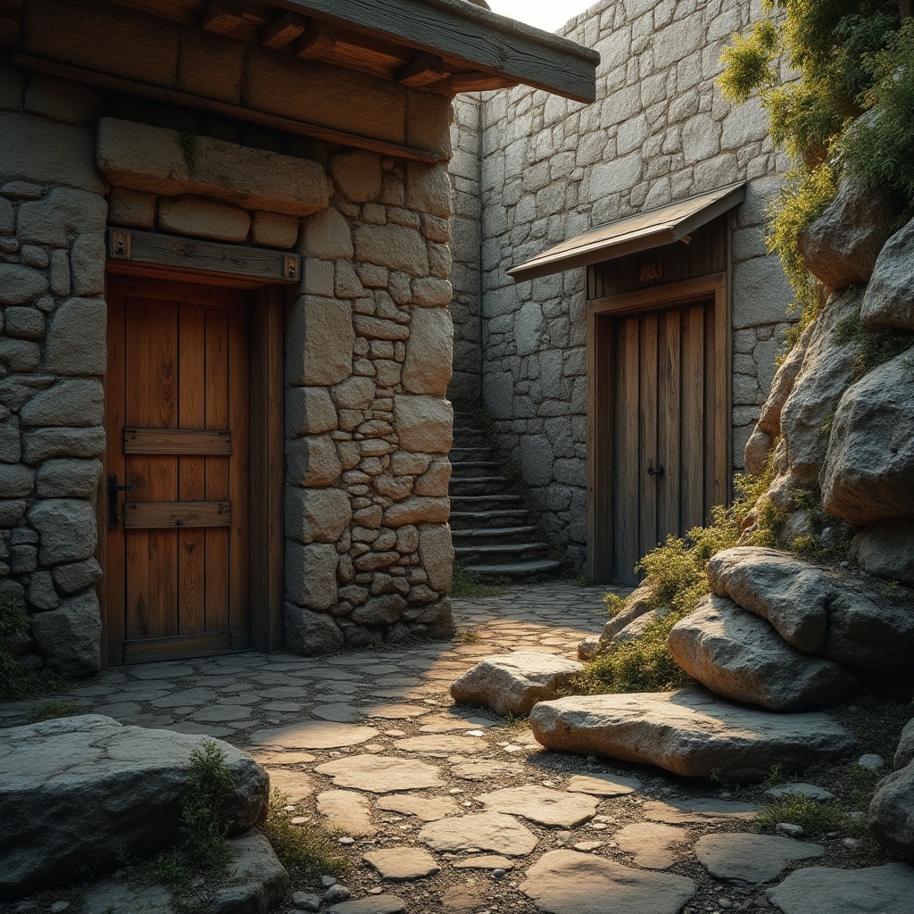 Prompt: Rough stone walls, rustic wooden planks, smooth metallic surfaces, tactile brick facades, organic natural forms, earthy terrain, moss-covered rocks, weathered concrete structures, distressed finishes, industrial aesthetic, edgy urban landscapes, dramatic shadows, warm golden lighting, high contrast ratios, cinematic composition, 3/4 aspect ratio, shallow depth of field, realistic textures, ambient occlusion.