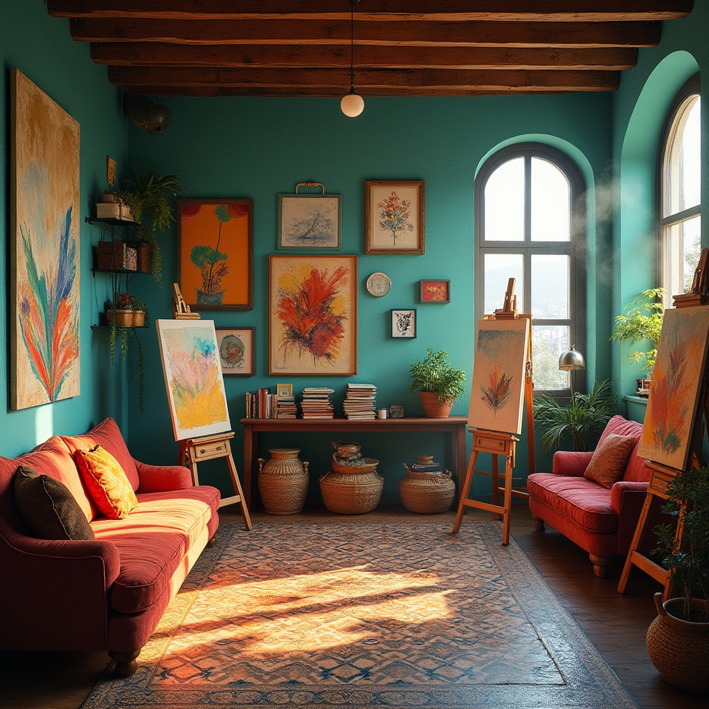 Prompt: Vibrant art studio, eclectic color scheme, bold brushstrokes, textured canvases, rich turquoise walls, wooden easels, natural light pouring in, cozy reading nooks, plush velvet sofas, Moroccan-inspired tiles, geometric patterns, abstract artwork, expressive splatters, warm golden lighting, atmospheric mist, soft focus, 1/1 composition, intimate view.