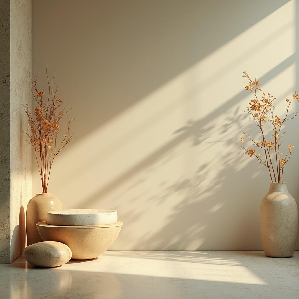 Prompt: Soft warm lighting, calming atmosphere, serene natural tones, earthy brown hues, gentle beige shades, soothing blue undertones, muted green accents, creamy white textures, subtle golden highlights, minimalist design, balanced composition, 3/4 layout, shallow depth of field, realistic renderings, ambient occlusion.