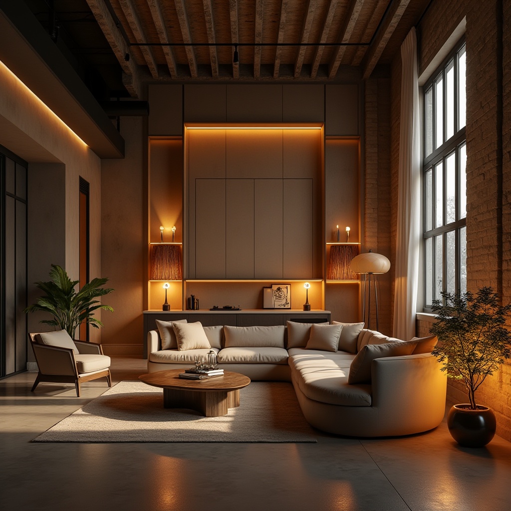 Prompt: Elegant interior space, warm ambient lighting, cozy atmosphere, modern furniture, sleek lines, minimalist decor, soft warm glow, table lamps, floor lamps, pendant lights, LED strips, indirect illumination, subtle shading, comfortable reading nook, intimate dining area, sophisticated living room, urban loft style, industrial chic accents, polished concrete floors, exposed brick walls, large windows, natural daylight, dramatic ceiling heights, atmospheric color palette, warm beige tones, rich wood textures.