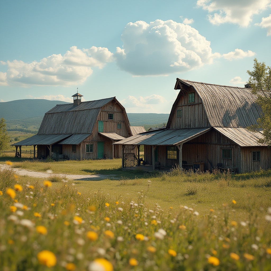 Prompt: Rustic barns, asymmetrical silhouettes, bold angular forms, weathered wooden textures, corrugated metal roofs, distressed finishes, earthy color palette, natural materials, organic shapes, whimsical compositions, playful juxtapositions, eclectic ornamental details, rural landscapes, rolling hills, verdant meadows, sunny afternoon light, warm soft focus, shallow depth of field, 1/2 composition, candid snapshot aesthetic.