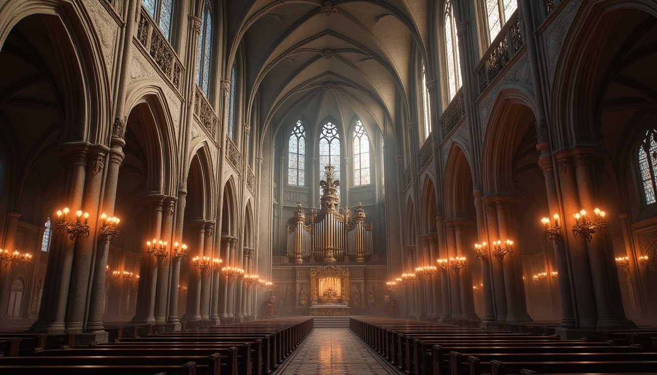 Prompt: Grand cathedral interior, vaulted ceilings, ribbed arches, flying buttresses, stained glass windows, intricate stone carvings, ornate frescoes, majestic pipe organs, lavish chandeliers, dimly lit nave, atmospheric mist, soft warm lighting, high-angle shot, 1/2 composition, realistic textures, ambient occlusion.