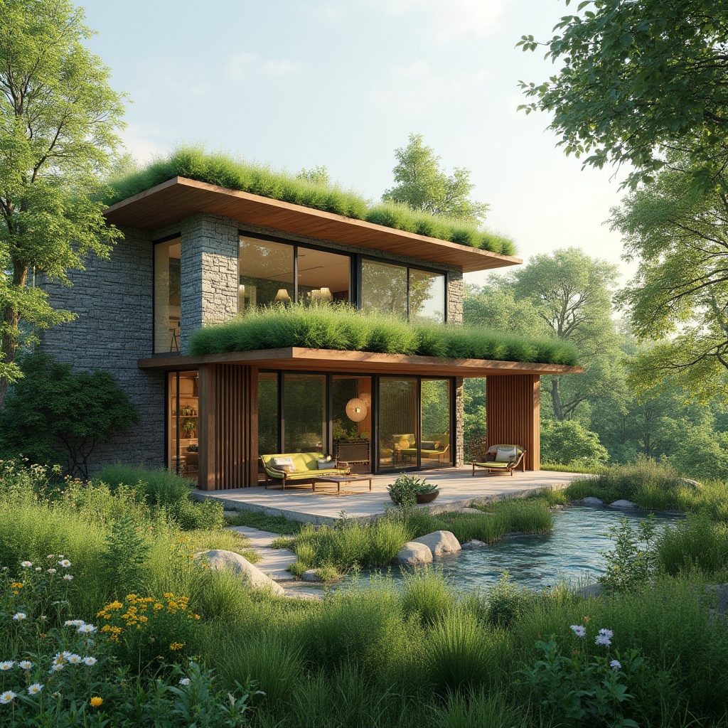 Prompt: Green roofs, lush vegetation, natural stone walls, large windows, sliding glass doors, clerestory windows, solar chimneys, windcatchers, ventilated facades, breathable materials, cross ventilation, stack effect, thermal mass, insulation, shading devices, overhangs, light shelves, reflective surfaces, bright interiors, airy atmosphere, warm sunny day, soft natural lighting, 1/1 composition, realistic textures, ambient occlusion.