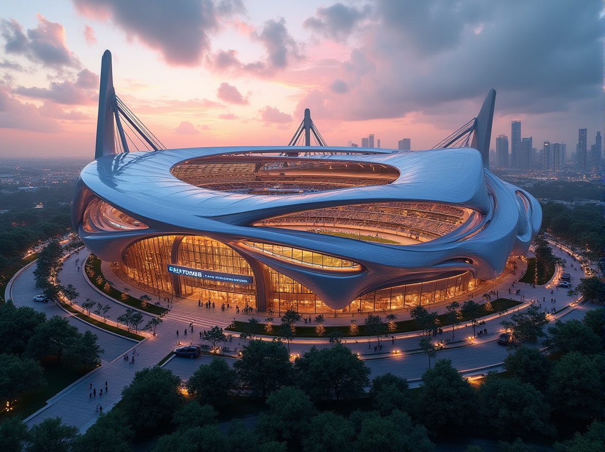 Prompt: Futuristic stadium architecture, cantilevered roof design, sleek metallic beams, translucent glass panels, dynamic curved lines, angular steel structures, retractable roofing system, open-air atmosphere, lush greenery, vibrant LED lighting, evening sunset, panoramic city view, shallow depth of field, 3/4 composition, realistic textures, ambient occlusion.