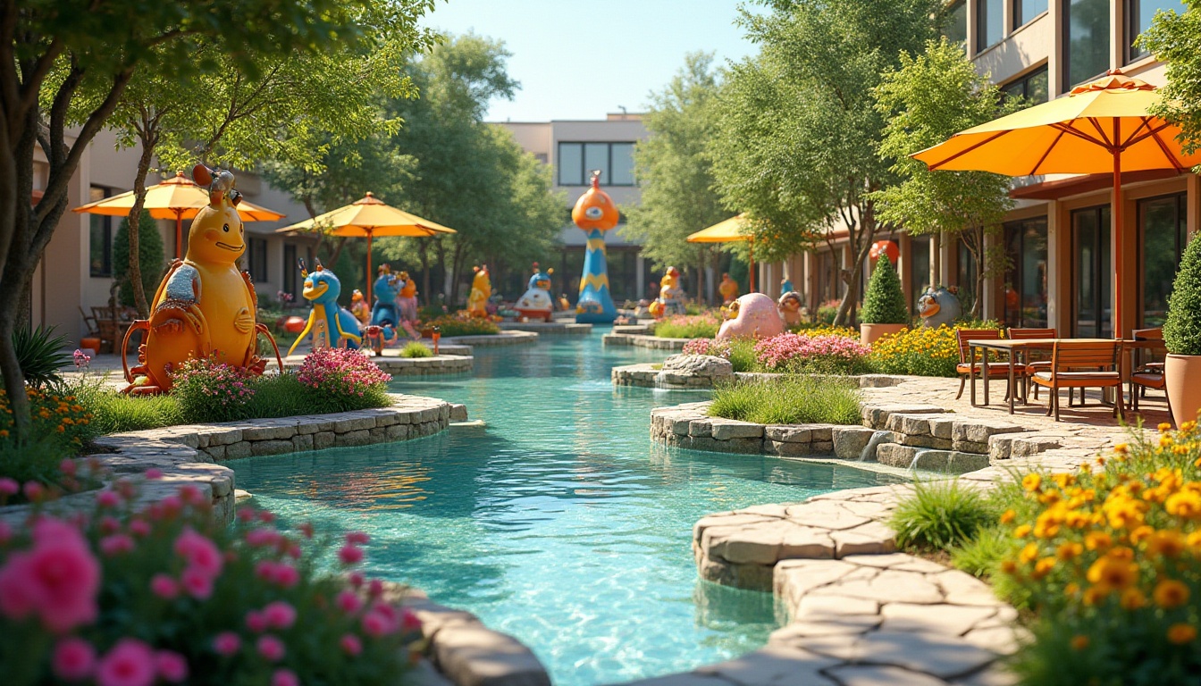 Prompt: Vibrant playground, whimsical sculptures, colorful flowers, lush greenery, winding pathways, playful water features, interactive fountains, stepping stones, natural stone benches, eclectic outdoor furniture, oversized umbrellas, sunny day, warm soft lighting, shallow depth of field, 1/1 composition, realistic textures, ambient occlusion.