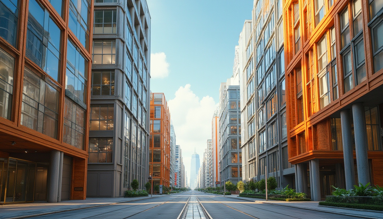 Prompt: Vibrant cityscape, modern skyscrapers, sleek glass facades, bold color accents, warm beige tones, cool grey undertones, rich wood textures, industrial metal frames, abstract geometric patterns, dynamic lighting effects, 3/4 composition, shallow depth of field, realistic material renderings, ambient occlusion.